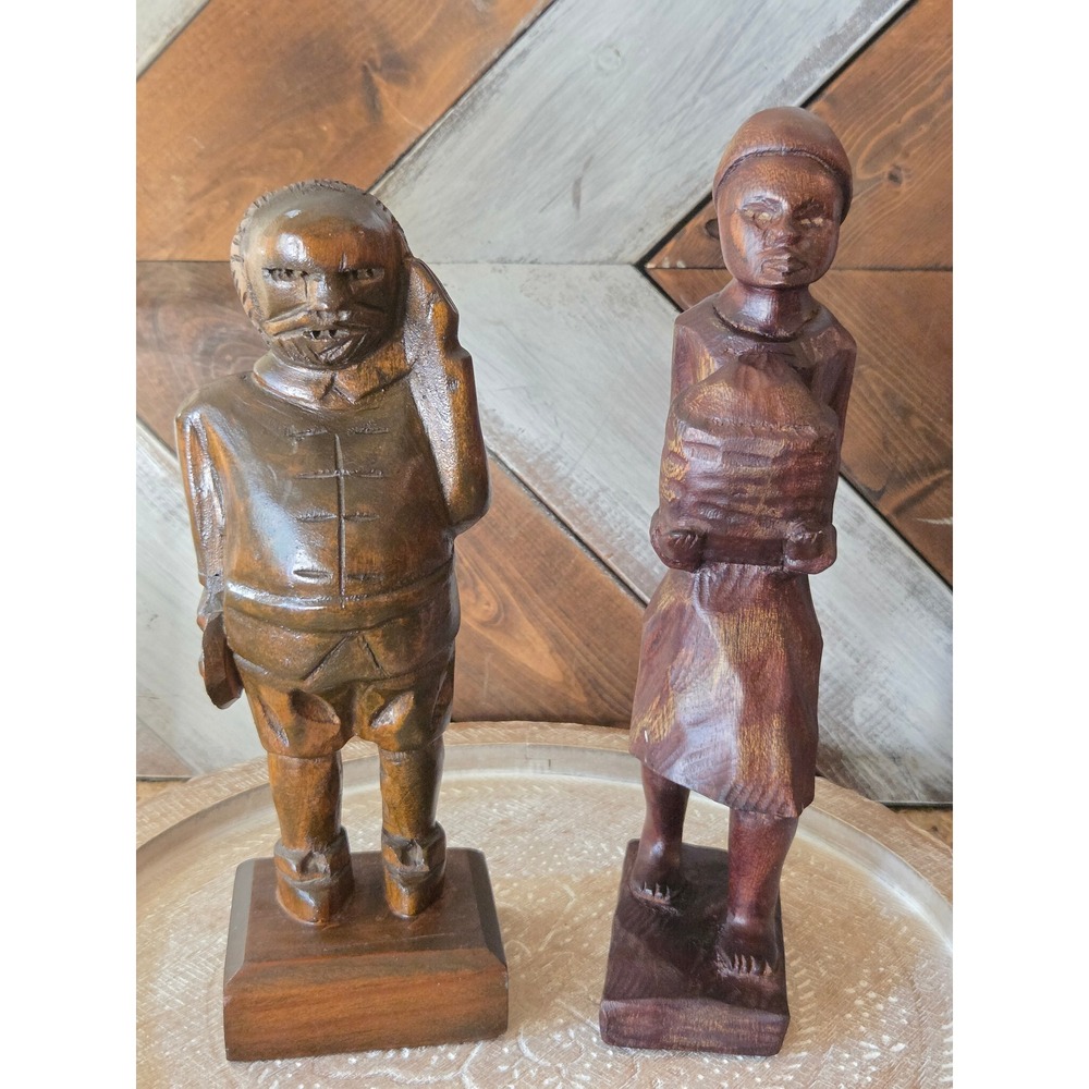 Vintage Hand Carved Wood Figurine Set Rustic Folk Art Sculptures 2 Piece